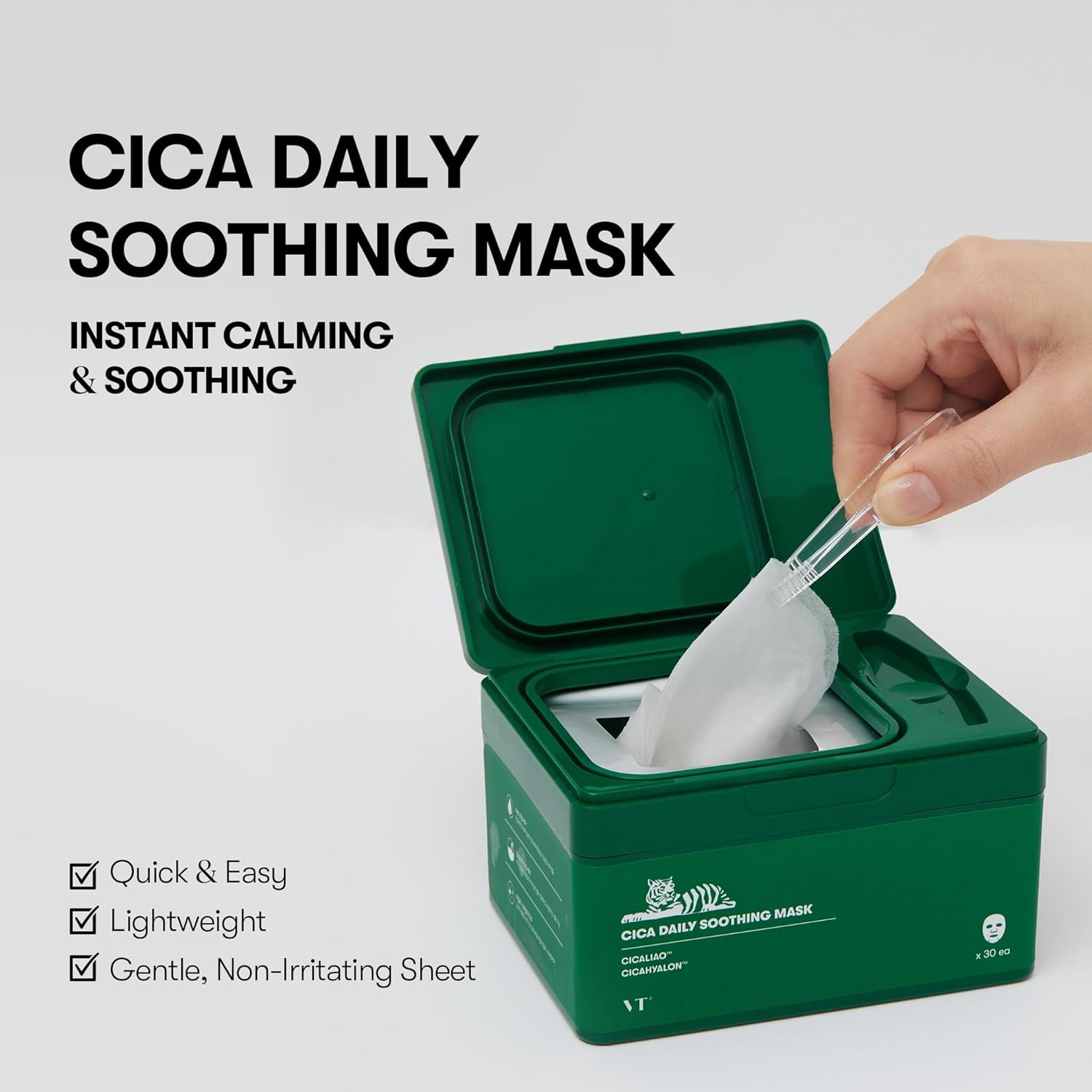 CICA Daily Soothing Mask 30 Sheets, Centella Asiatica & Hyaluronic Acid for Moisturizing & Hydrating, Instant Calm & Glow, Skin Softening Facial Mask, Korean Face Mask